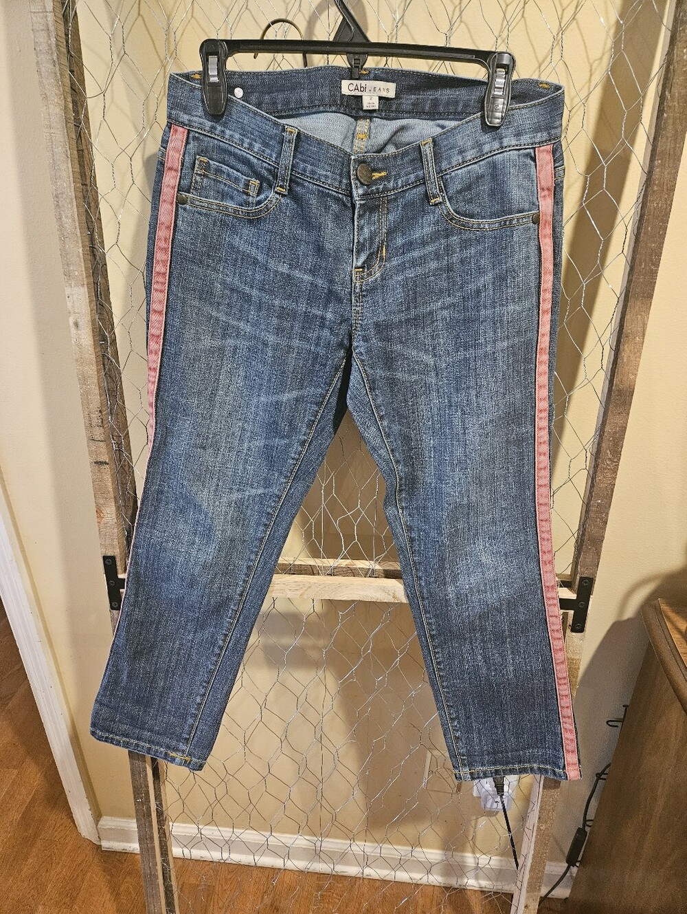 CAbi Blue Denim Cropped Jeans with Pink Side Stripe - CAbi